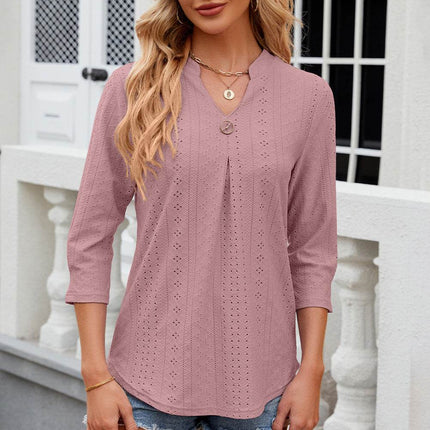 Eyelet Notched Knit Jacquard Top - MimiStylez