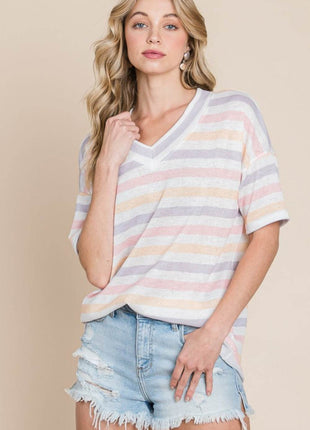 BOMBOM Striped V-Neck Short Sleeve T-Shirt - MimiStylez