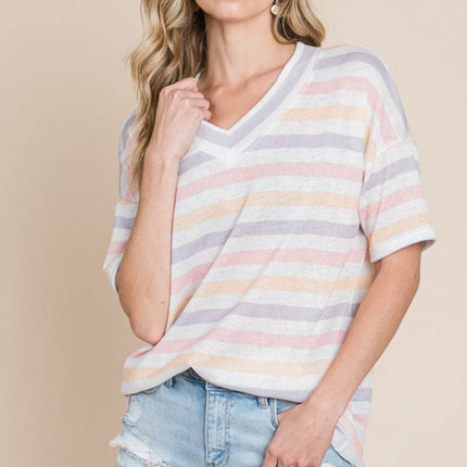BOMBOM Striped V-Neck Short Sleeve T-Shirt - MimiStylez
