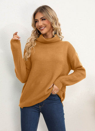 Slit Turtleneck Dropped Shoulder Sweater - MimiStylez