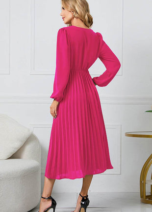 V-Neck Long Sleeve Tie Waist Midi Dress - MimiStylez