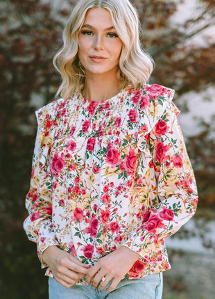 Floral Round Neck Smocked Blouse - MimiStylez