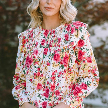 Floral Round Neck Smocked Blouse - MimiStylez