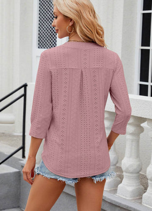 Eyelet Notched Knit Jacquard Top - MimiStylez