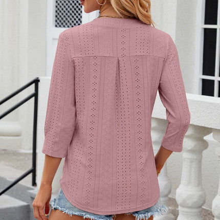 Eyelet Notched Knit Jacquard Top - MimiStylez