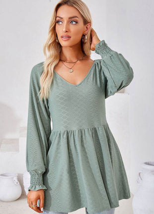 V-Neck Lantern Sleeve Blouse - MimiStylez