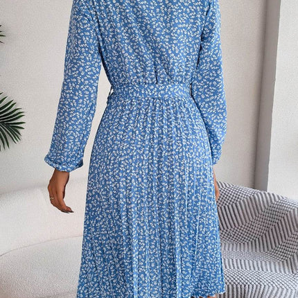 Ditsy Floral Tie Waist Pleated Dress - MimiStylez