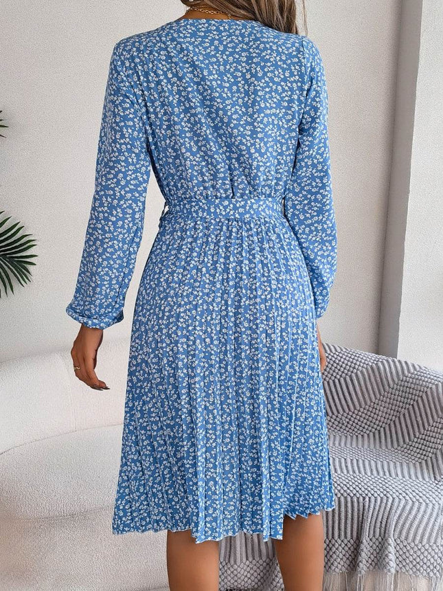 Ditsy Floral Tie Waist Pleated Dress - MimiStylez