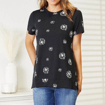 Double Take Dandelion Print Round Neck T-Shirt - MimiStylez