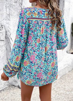 Printed Tie Neck Long Sleeve Blouse - MimiStylez