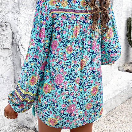 Printed Tie Neck Long Sleeve Blouse - MimiStylez