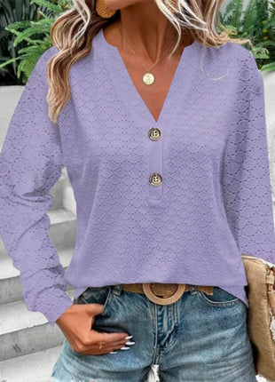 Eyelet Notched Long Sleeve T-Shirt - MimiStylez