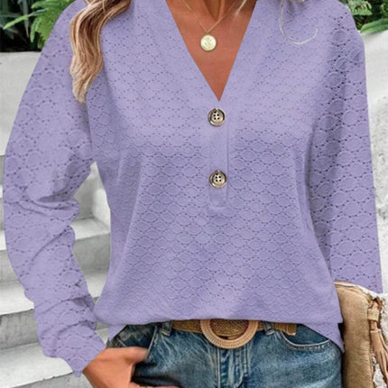 Eyelet Notched Long Sleeve T-Shirt - MimiStylez