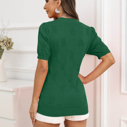 V-Neck Short Sleeve Knit Top - MimiStylez