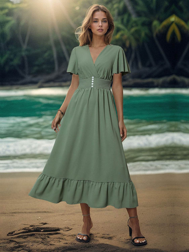 Surplice Flutter Sleeve Midi Dress - MimiStylez