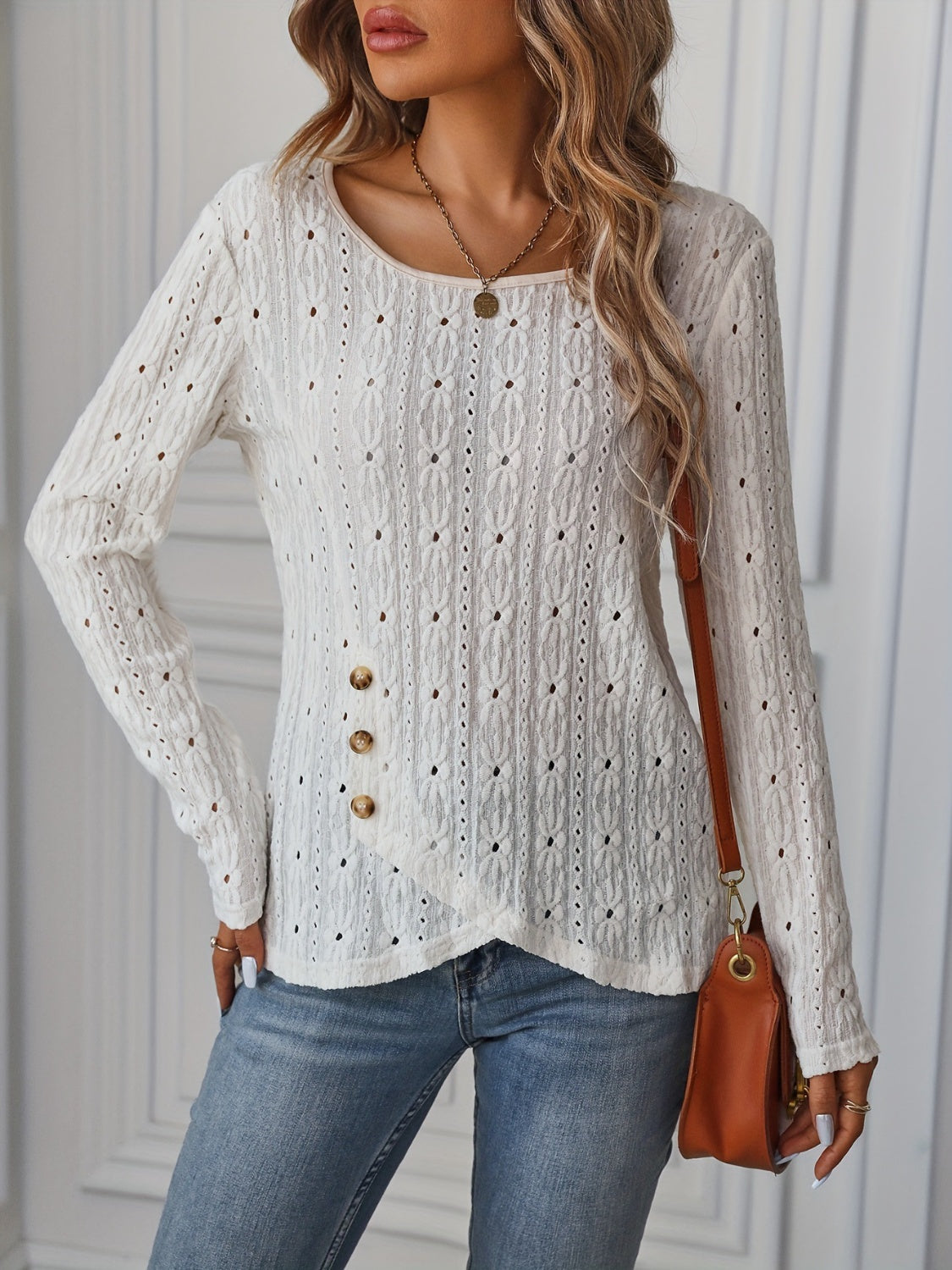 Eyelet Boat Neck Long Sleeve Blouse