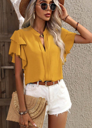 Ruffled Notched Short Sleeve Blouse - MimiStylez