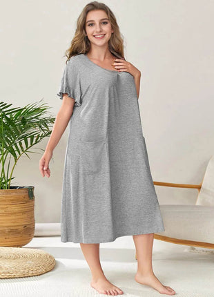 Plus Size Round Neck Short Sleeve Lounge Dress - MimiStylez