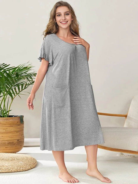 Plus Size Round Neck Short Sleeve Lounge Dress - MimiStylez