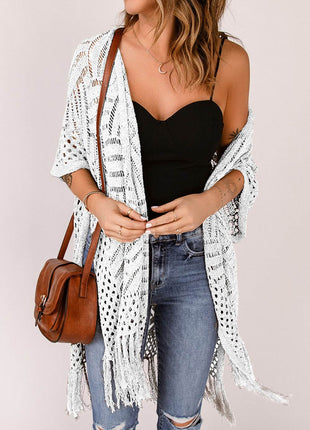Openwork Open Front Cardigan with Fringes - MimiStylez