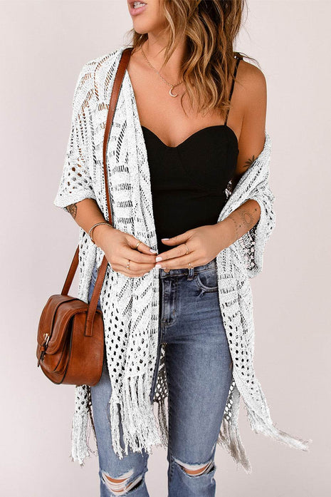 Openwork Open Front Cardigan with Fringes - MimiStylez