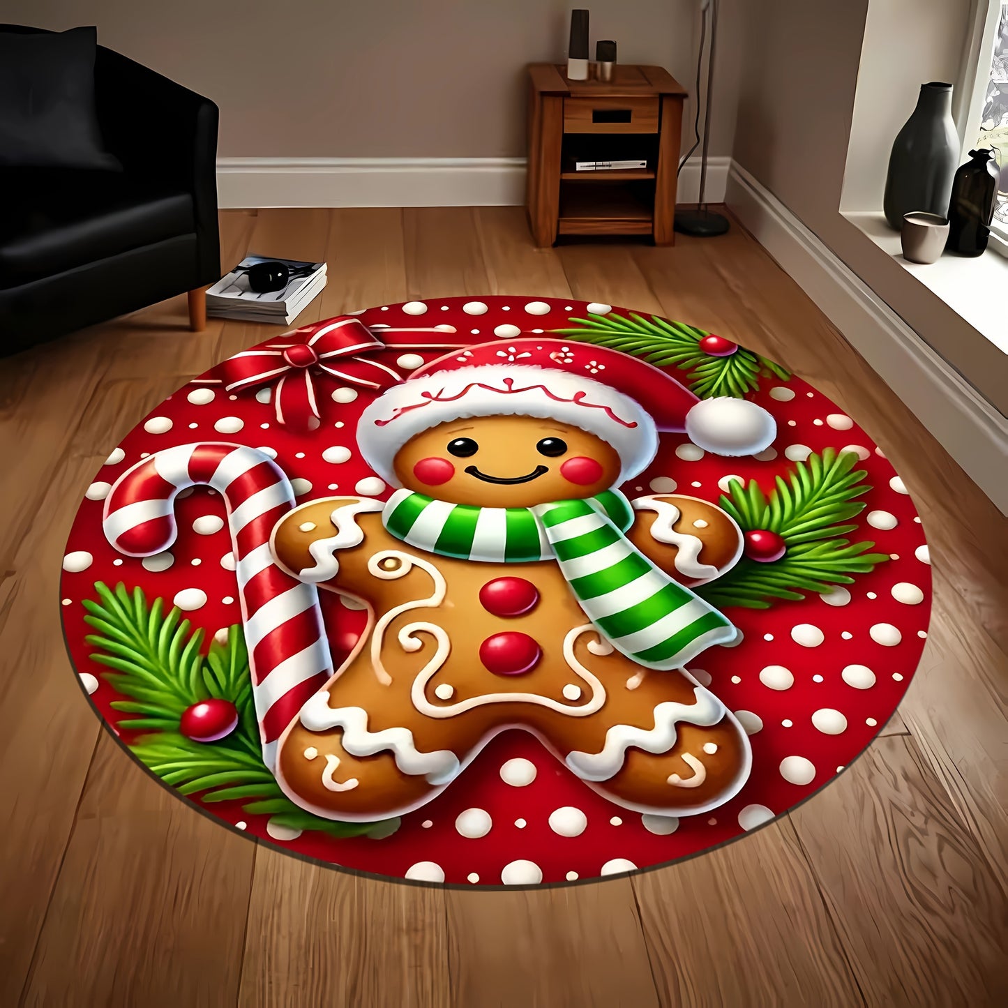 Soft, Absorbent & Non-Slip Christmas Gingerbread For Man Round Rug - Perfect for Entryway, Living Room, Bedroom Decor | Machine Washable Flannel Memory Foam Mat