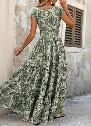 Women's Sexy V-Neck Short Sleeve Maxi Dress Summer Prints And Flowy Big Hem Beach Dresses - MimiStylez