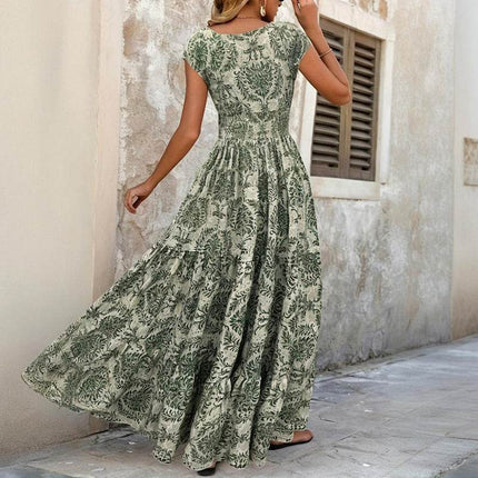 Women's Sexy V-Neck Short Sleeve Maxi Dress Summer Prints And Flowy Big Hem Beach Dresses - MimiStylez