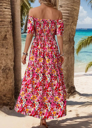 Slit Floral Off-Shoulder Short Sleeve Dress - MimiStylez