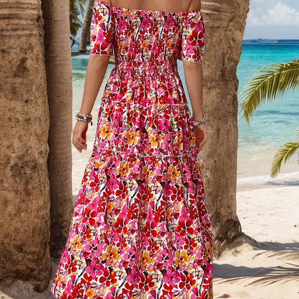Slit Floral Off-Shoulder Short Sleeve Dress - MimiStylez
