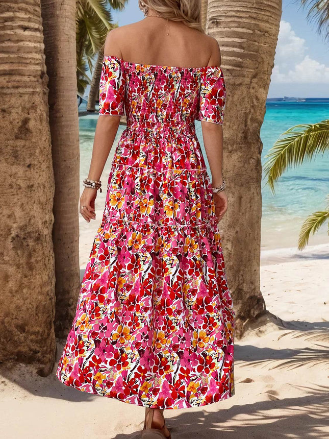 Slit Floral Off-Shoulder Short Sleeve Dress - MimiStylez