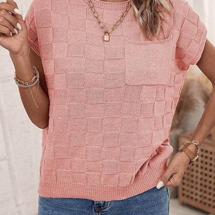 Plaid Pocketed Round Neck Sweater - MimiStylez