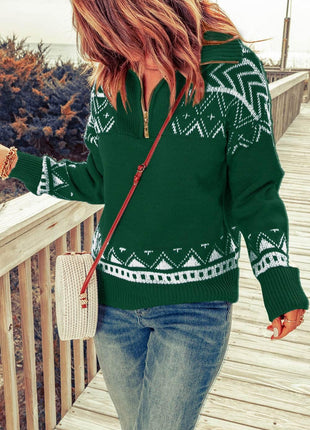 Zip-Up Mock Neck Dropped Shoulder Pullover Sweater - MimiStylez