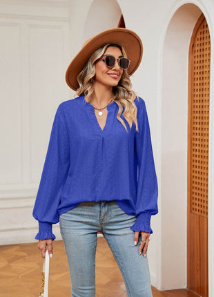 Notched Neck Flounce Sleeve Blouse - MimiStylez