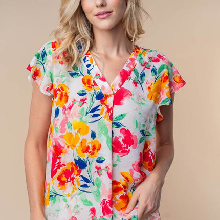 White Birch Full Size Short Sleeve Floral Woven Top - MimiStylez