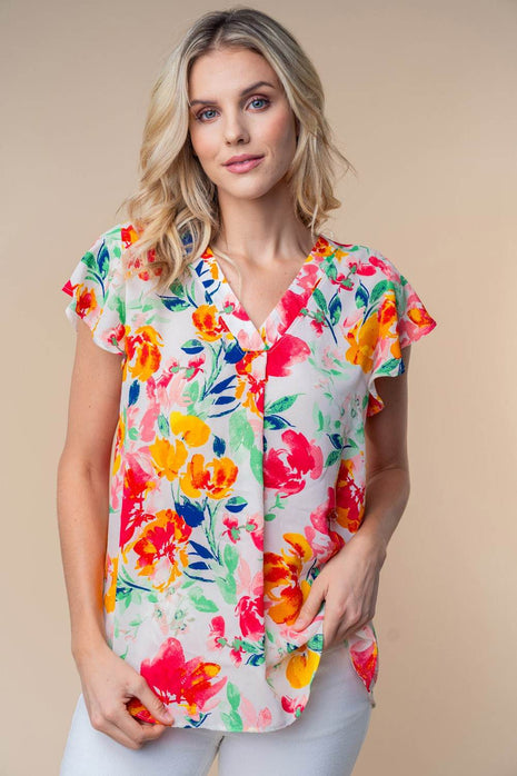 White Birch Full Size Short Sleeve Floral Woven Top - MimiStylez