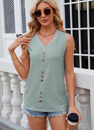 Decorative Button Eyelet V-Neck Tank - MimiStylez