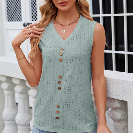 Decorative Button Eyelet V-Neck Tank - MimiStylez