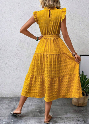 Tied Ruffled Cap Sleeve Midi Dress - MimiStylez
