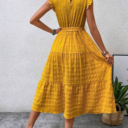 Tied Ruffled Cap Sleeve Midi Dress - MimiStylez