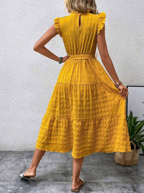 Tied Ruffled Cap Sleeve Midi Dress - MimiStylez