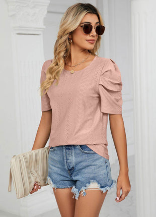 Eyelet Puff Sleeve Round Neck Blouse - MimiStylez