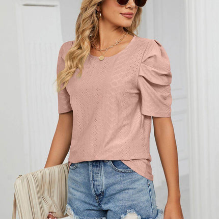 Eyelet Puff Sleeve Round Neck Blouse - MimiStylez