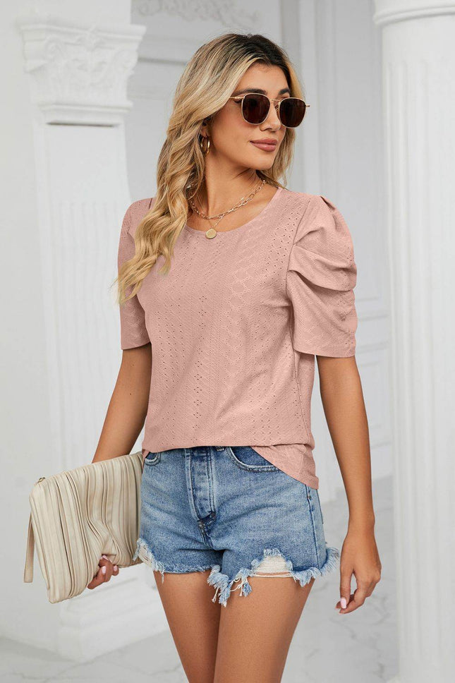Eyelet Puff Sleeve Round Neck Blouse - MimiStylez