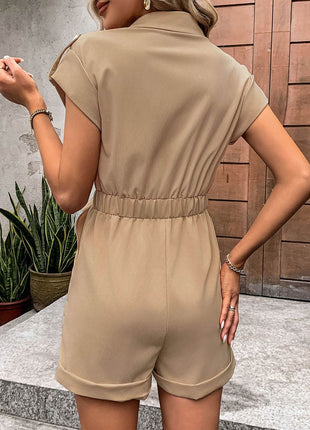 Collared Neck Tie Waist Romper with Pockets - MimiStylez