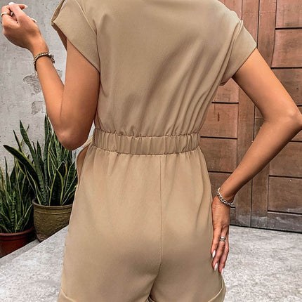Collared Neck Tie Waist Romper with Pockets - MimiStylez