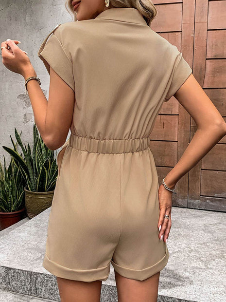 Collared Neck Tie Waist Romper with Pockets - MimiStylez