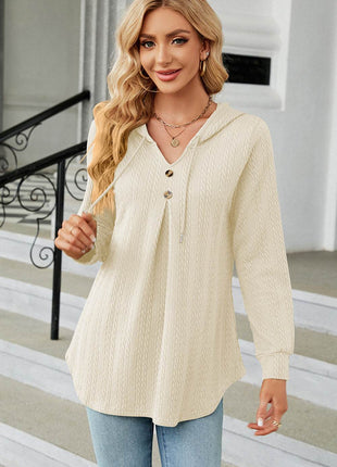 Decorative Button Drawstring Long Sleeve Hoodie - MimiStylez