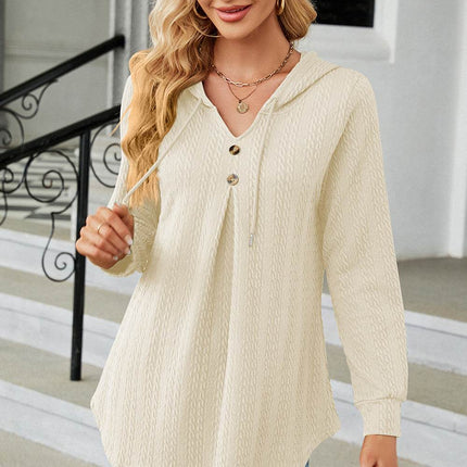 Decorative Button Drawstring Long Sleeve Hoodie - MimiStylez
