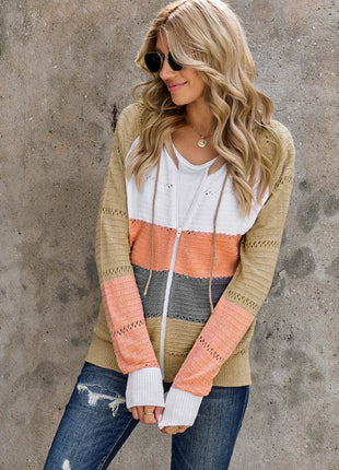 Zip-Up Raglan Sleeve Openwork Hooded Cardigan - MimiStylez